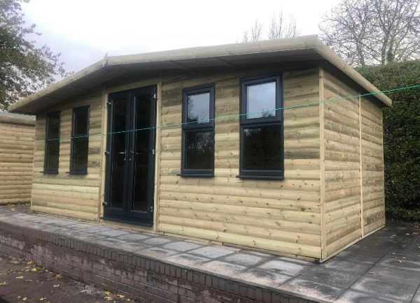 20 x 10 + 2ft roof overhang Apex summerhouse 19mm Loglap with Anthracite Grey double door and 4 x windows-0