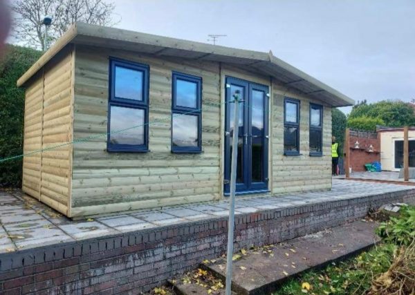 20 x 10 + 2ft roof overhang Apex summerhouse 19mm Loglap with Anthracite Grey double door and 4 x windows-554