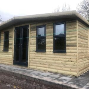 20 x 10 + 2ft roof overhang Apex Summerhouse 19mm Loglap with Anthracite Grey double door and 4 x windows